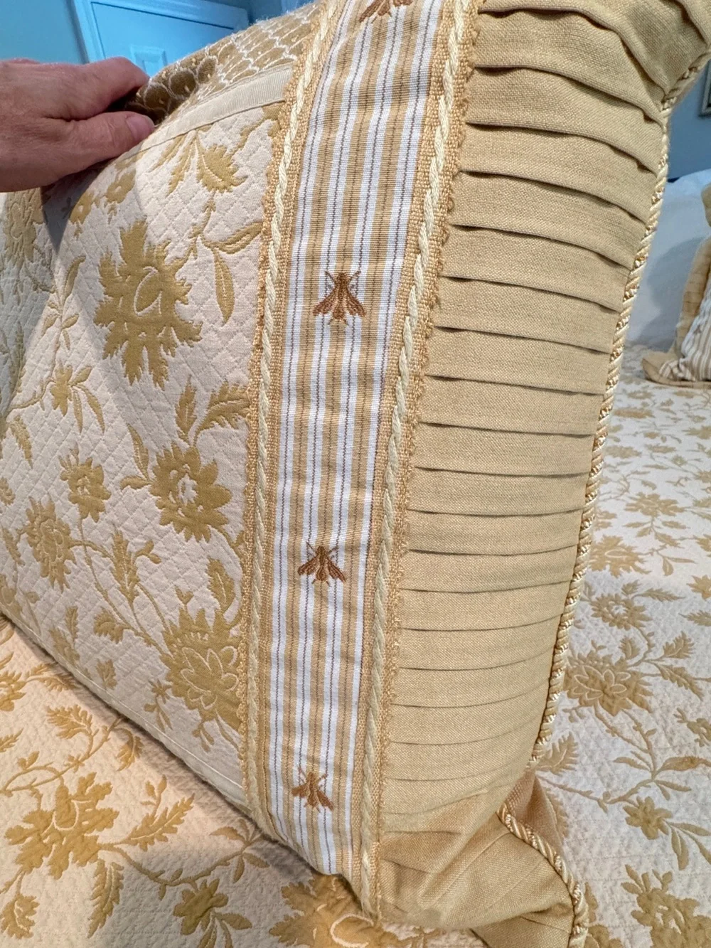 Ethan Allen Cream and Gold Floral Quilted Duvet Cover, Throw Pillows & Bedskirt